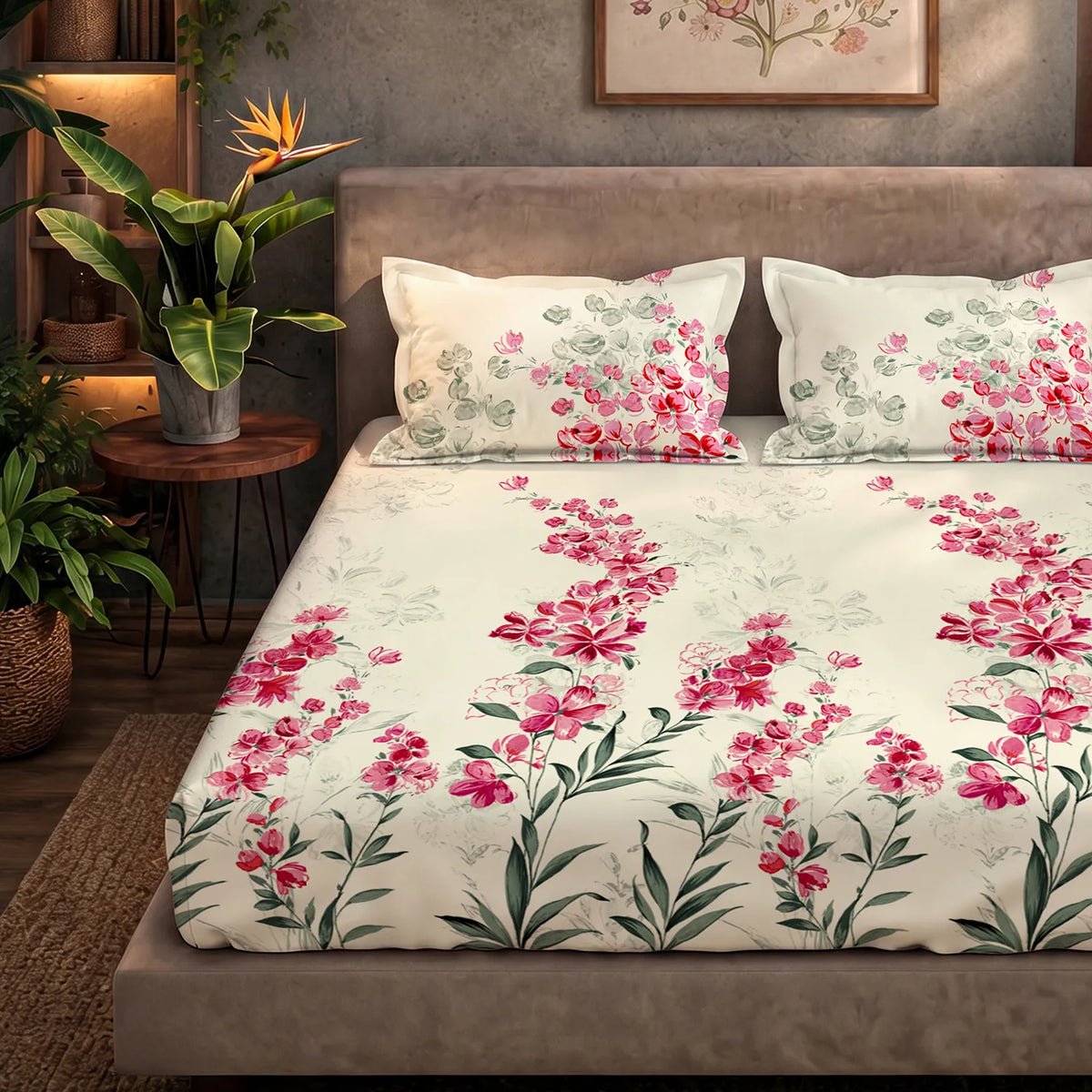 Cotton Printed Bedsheet with Pillow Covers - Majestic Pink