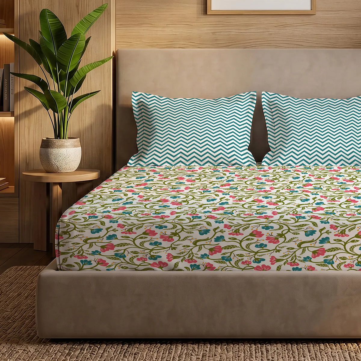 Glaced Cotton Microfiber Bedsheet with Pillow Covers - Kashmir Pink & Blue