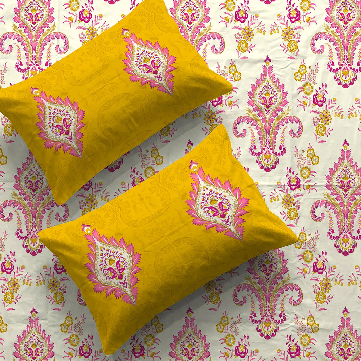 Cotton Bedsheet With 2 Pillow Covers, Motif Mustard