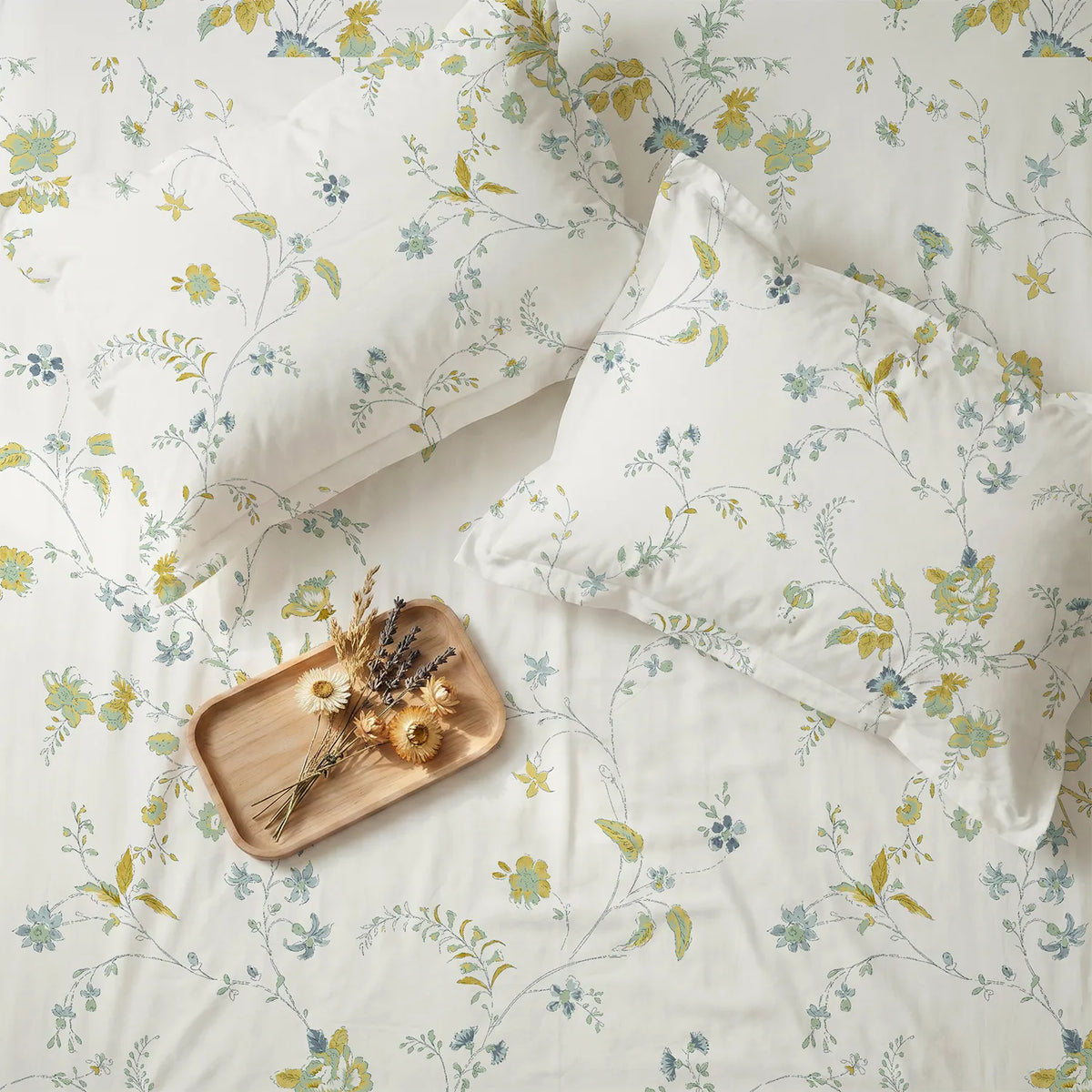 Cotton Bedsheet with Pillow Covers - Bloom Pearls Sage Mustard
