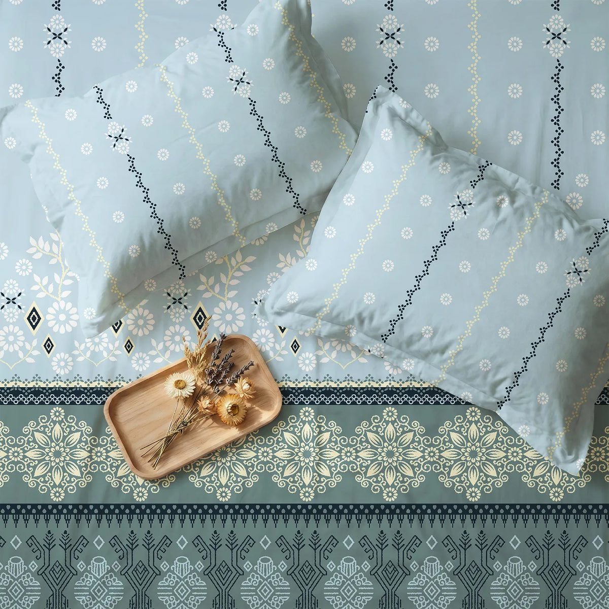 100% Cotton Bedsheet with Pillow Covers - Origami Teal Grey