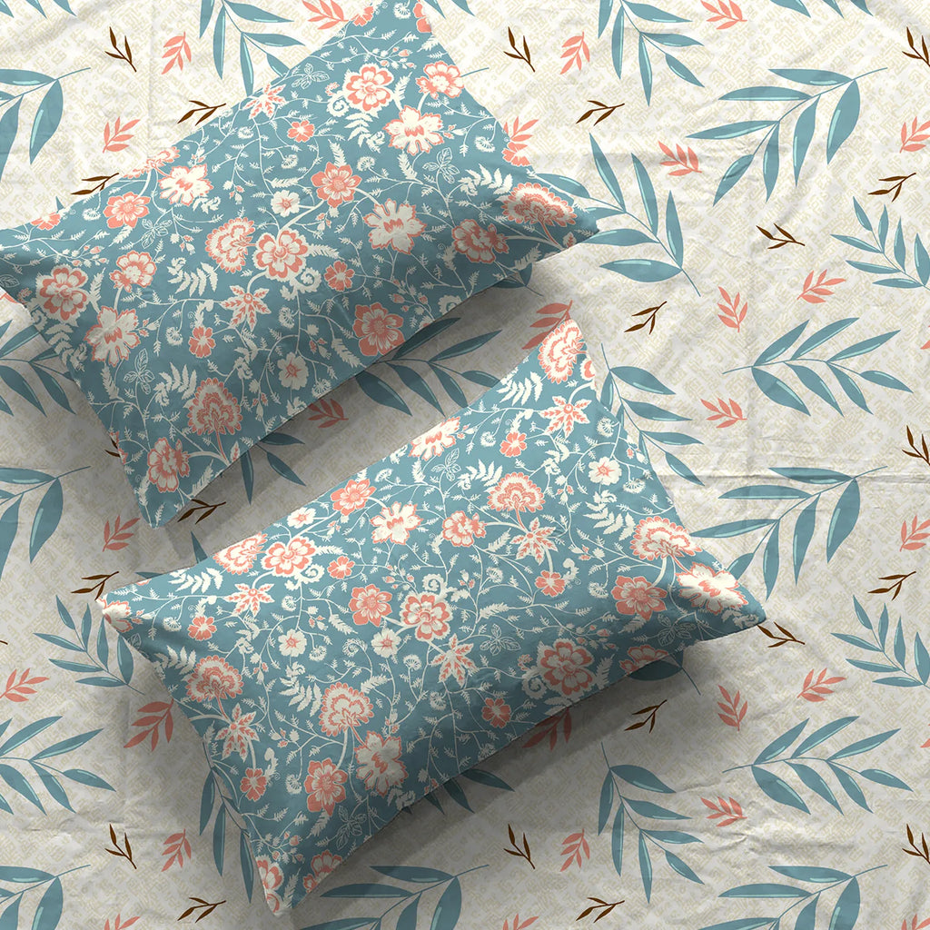 Cotton Bedsheet With 2 Pillow Covers, Raina Blue