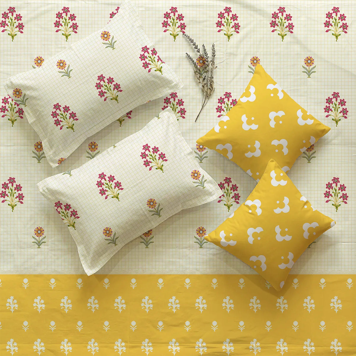 5 PC Cotton Bedsheet Set, Double/Queen Bedsheet - Magnolia Yellow
