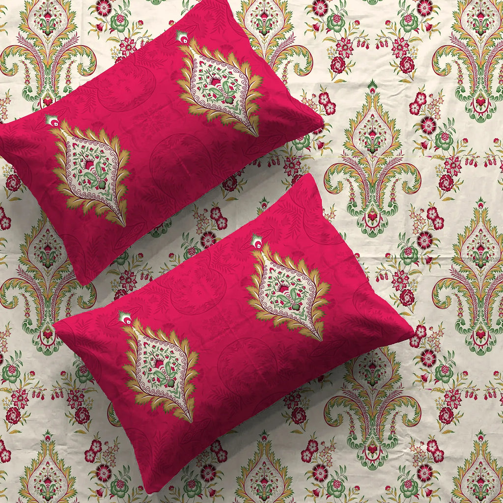 Divine Collection - Cotton Bedsheet With 2 Pillow Covers, Motif Red