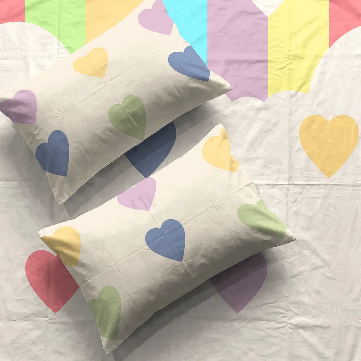 Cotton Bedsheet With 2 Pillow Covers, Rainbow Hearts
