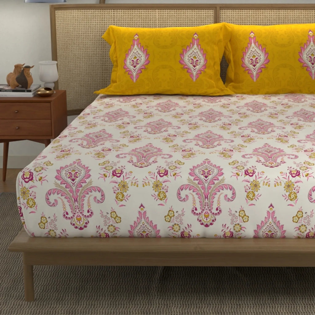 Cotton Bedsheet With 2 Pillow Covers, Motif Mustard