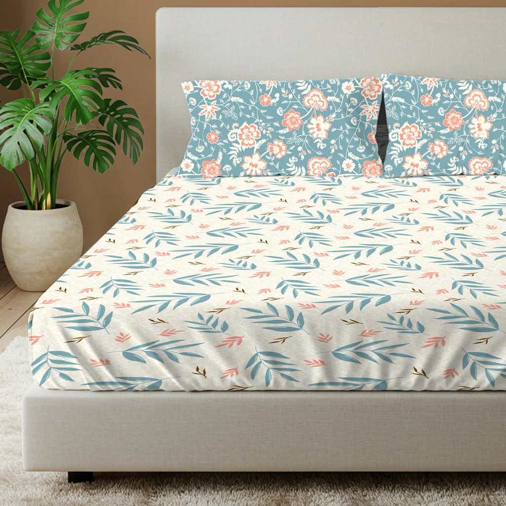 Cotton Bedsheet With 2 Pillow Covers, Raina Blue
