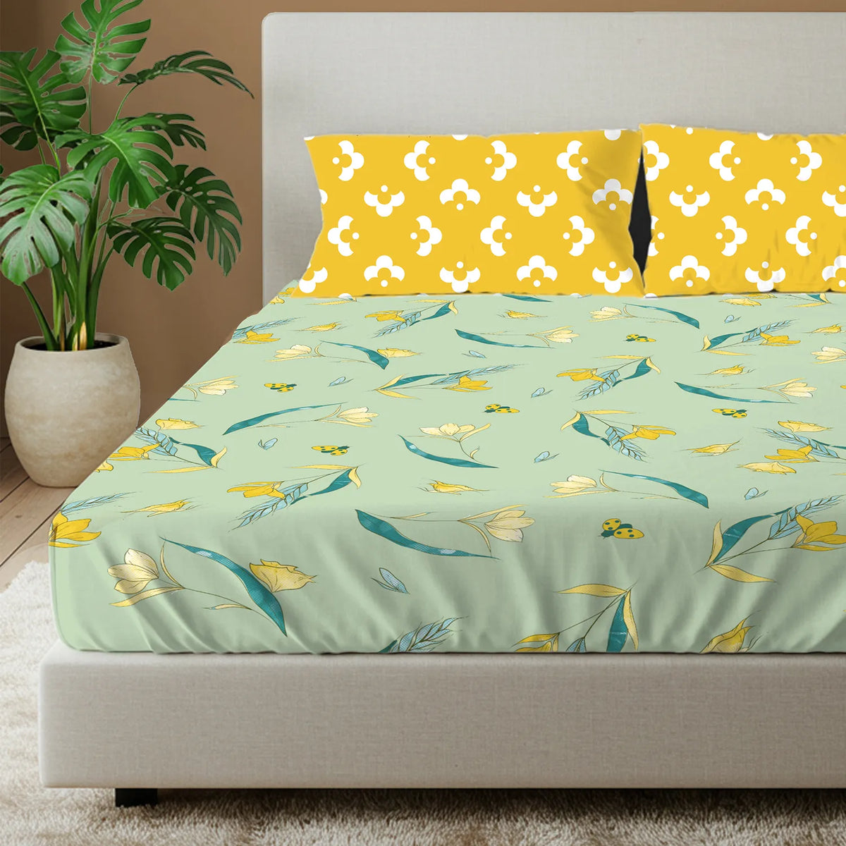 Cotton Bedsheet With 2 Pillow Covers, Sprinkle Soft Green