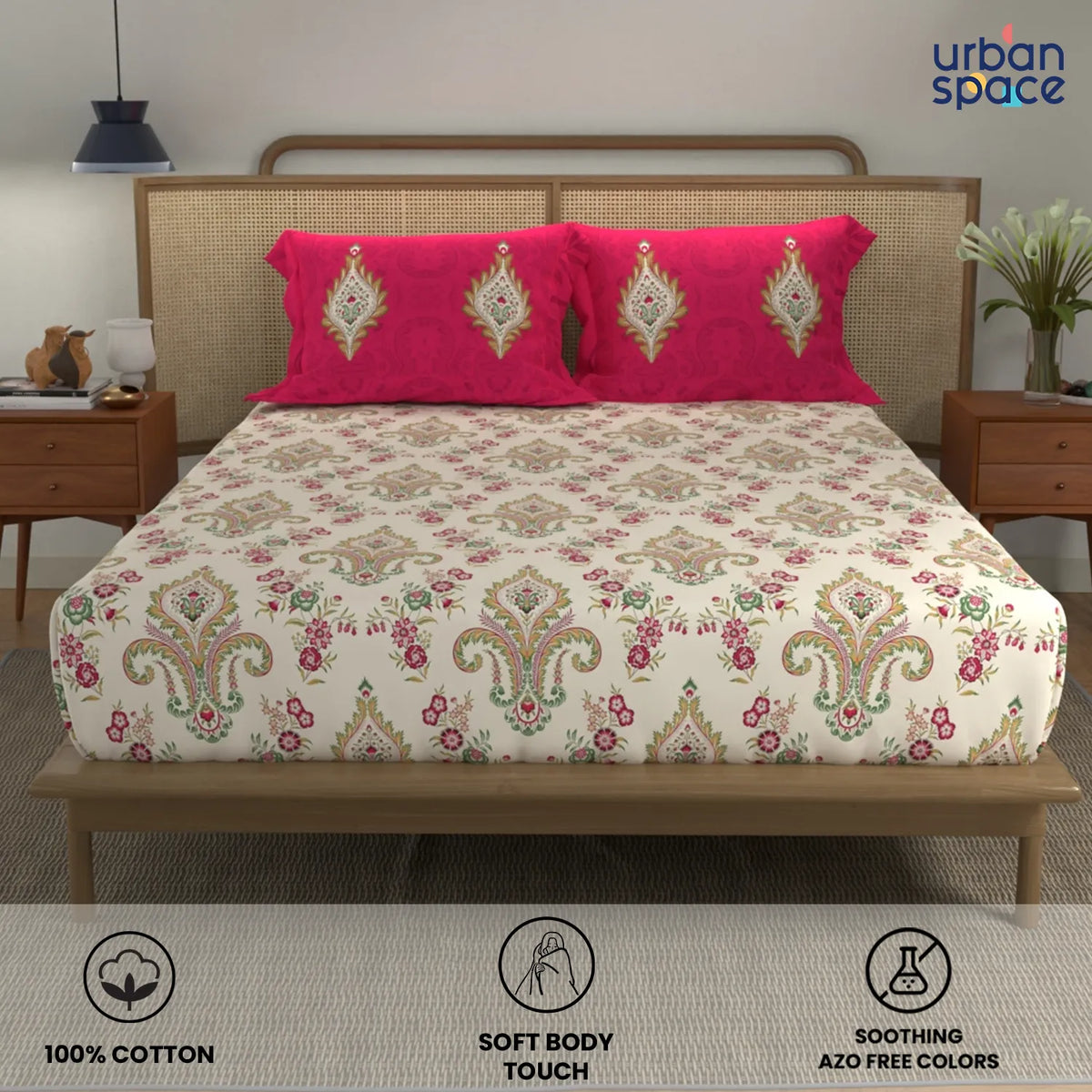 Divine Collection - Cotton Bedsheet With 2 Pillow Covers, Motif Red