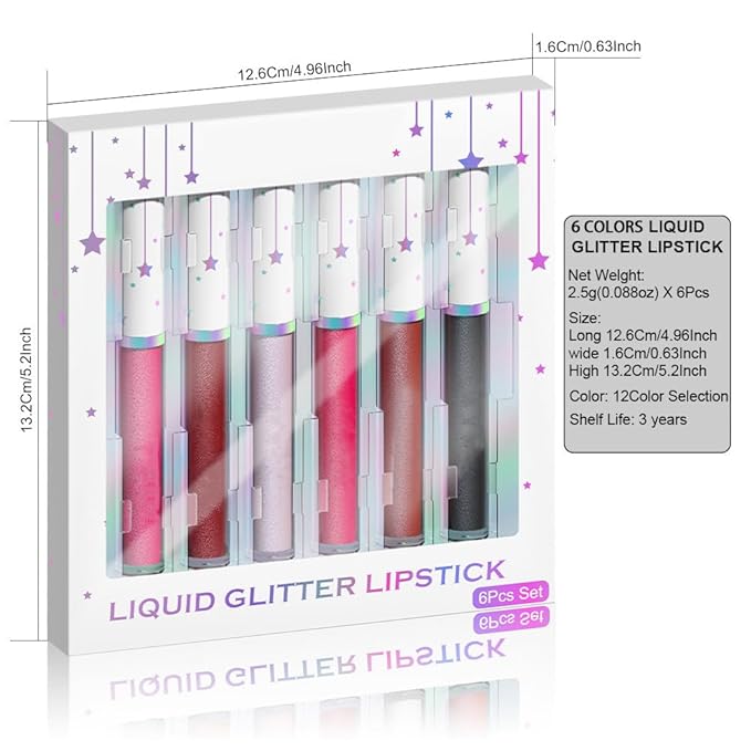 evpct 6Pcs Rose Pink Dark Wine Mauve Sexy Red Black Lilac Metallic Shimmer Glitter Lip Gloss Liquid Lipstick Set for Women Long Lasting Waterproof 24, Pearlescent Sparkly Glossy Lipsticks Lip Makeup