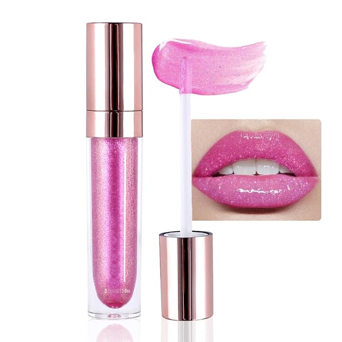 evpct 1Pcs Pink Pearlescent Chameleon Shimmer Glitter Lipstick Lip Gloss, Long Lasting Waterproof Glitter Metallic Sparkly Glossy Lip Gloss Tint Liquid Lipsticks Set Lip Stain Makeup for Women