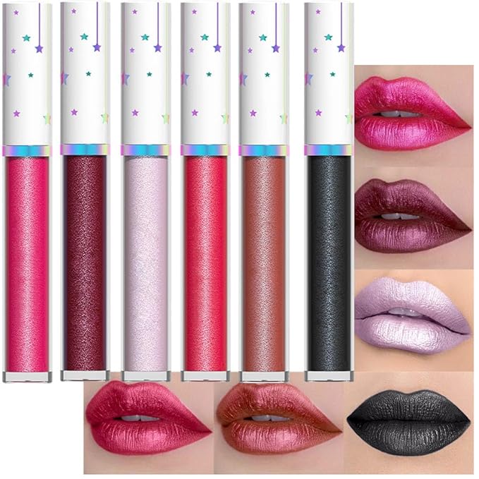 evpct 6Pcs Rose Pink Dark Wine Mauve Sexy Red Black Lilac Metallic Shimmer Glitter Lip Gloss Liquid Lipstick Set for Women Long Lasting Waterproof 24, Pearlescent Sparkly Glossy Lipsticks Lip Makeup