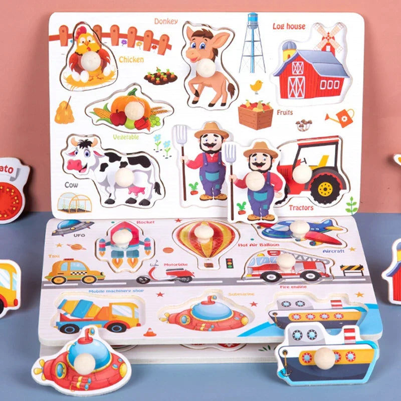 Wooden Hand Grab Boards Baby Educational Cartoon Vehicle Animals Fruits 3D Puzzles Kids Early Education Toys TMZ﻿