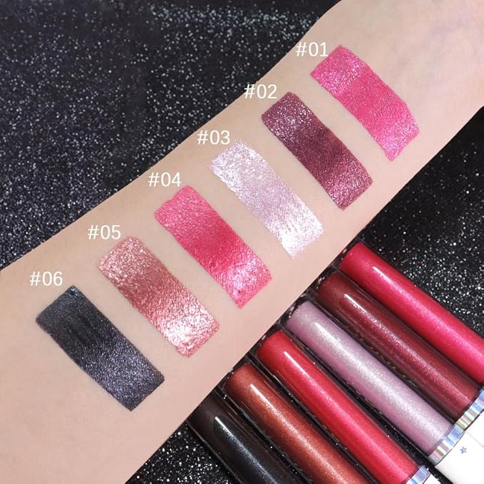 evpct 6Pcs Rose Pink Dark Wine Mauve Sexy Red Black Lilac Metallic Shimmer Glitter Lip Gloss Liquid Lipstick Set for Women Long Lasting Waterproof 24, Pearlescent Sparkly Glossy Lipsticks Lip Makeup