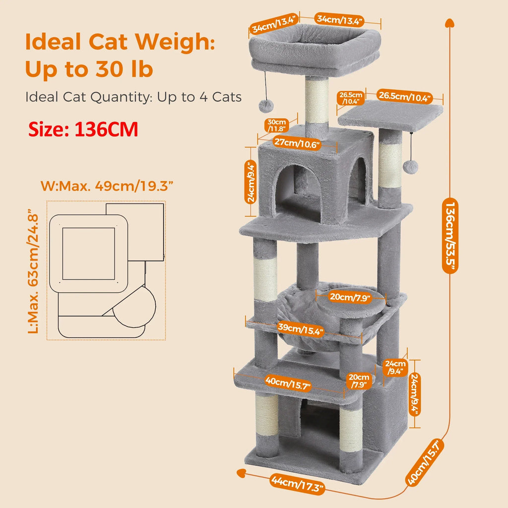 Large Cat Tree and Tower for Indoor Cats With Sisal-Covered Scratching Posts Spacious Hammock Padded Perches and Condos Cat Toys