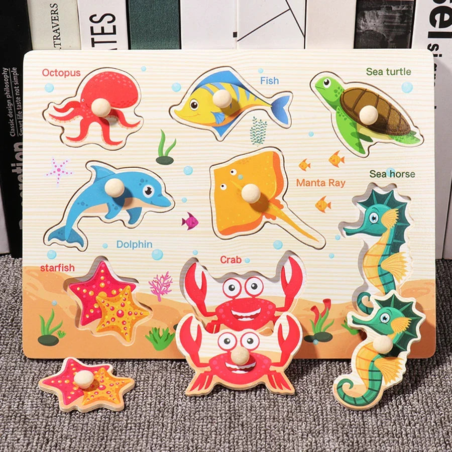 Wooden Hand Grab Boards Baby Educational Cartoon Vehicle Animals Fruits 3D Puzzles Kids Early Education Toys TMZ﻿